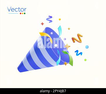 Exploding party popper with confetti, bright cartoon birthday cracker isolated on background. Minimal design concept for birthday, new year, opening, reward celebration. Stock Vector