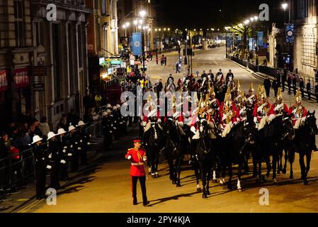 A night time rehearsal in central London for the coronation of King Charles III, which will take place this weekend. Picture date: Wednesday May 3, 2023. Stock Photo