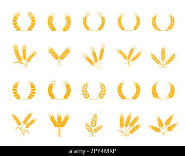 Spikes of wheat, rye and barley, laurel wreath with cereal ears, vector bakery icons. Bread products and baked food symbols of cereal ear spikes or wh Stock Vector