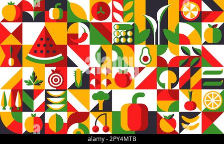 Fruits Bauhaus modern geometric pattern background, vector modern tile. Geometric shape fruits, plants and vegetables in Bauhaus pattern of watermelon Stock Vector