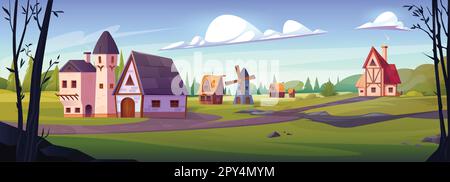 Medieval house in fairy forest village cartoon vector illustration. Kingdom countryside nature landscape with ancient cabin, windmill building, tower and wooden warehouse on grass meadow scene. Stock Vector