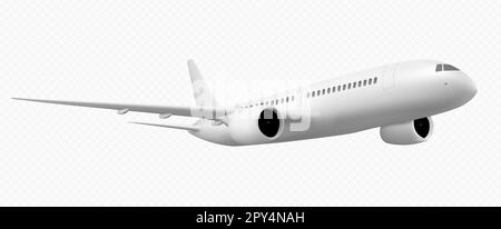 3d white plane flight isolated vector travel icon png. Realistic render of jet on transparent background. Airline commercial mockup for international fly on holiday. Charter aircraft blank template Stock Vector