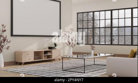 Minimal modern Japanese living room interior style with sofa, coffee table on carpet, wooden TV cabinets large flower vases and large blank frame mock Stock Photo