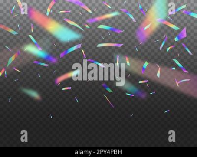 Holographic falling confetti glitters with bokeh light. Vector glittering shower with rainbow iridescent effect. Festive hologram foil cascades down f Stock Vector