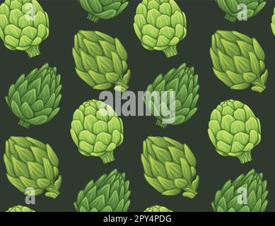 Seamless pattern with drawing artichokes. Vector texture with useful healthy vegetables on a dark background. Background with food for menu, recipes Stock Vector