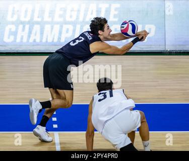 Fairfax, Virginia, USA. 2nd May, 2023. MASON BRIGGS (3) of Long Beach State University digs the ball during the quarterfinal round match against Grand Canyon University in the 2023 NCAA Men's Volleyball Championship. (Credit Image: © Robert Blakley/ZUMA Press Wire) EDITORIAL USAGE ONLY! Not for Commercial USAGE! Stock Photo