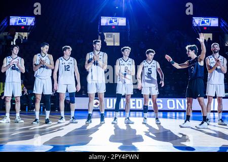 Fairfax, Virginia, USA. 2nd May, 2023. The Long Beach State University Men's Volleyball Team is introduced before their quarterfinal match against Grand Canyon University in the NCAA Men's Volleyball Championship tournament. (Credit Image: © Robert Blakley/ZUMA Press Wire) EDITORIAL USAGE ONLY! Not for Commercial USAGE! Stock Photo