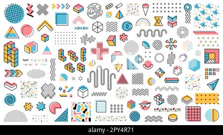 Memphis geometric shapes, abstract modern minimal line elements and vector symbols. Memphis pattern geometric shapes of circle, triangle and color dot Stock Vector