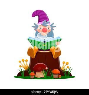 Cartoon gnome dwarf character sitting on stump and reading book, vector funny elf. Fairy tale garden gnome or fantasy forest dwarf on tree stump with Stock Vector