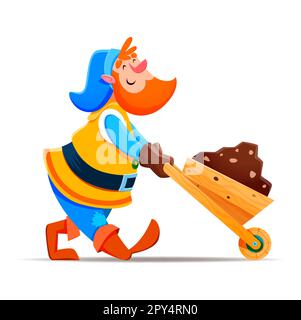 Cartoon gnome dwarf miner character with wheelbarrow, vector fairy tale man. Dwarf or gnome elf miner worker with coal or ore in wheelbarrow, kids fai Stock Vector