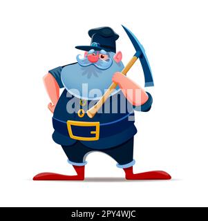 Cartoon gnome dwarf miner character with pickaxe, vector fairy tale man. Dwarf or gnome elf miner worker with mattock for treasure mining, kids fairyt Stock Vector