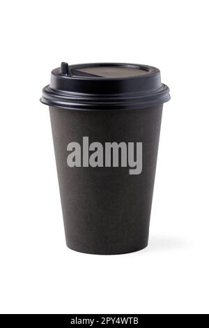 Black paper coffee disposable cup with plastic lid isolated on white background Stock Photo
