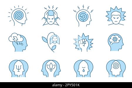Mental health icons, such as stress, anxiety, therapy, panic attack and more. Vector illustration isolated on white. Editable stroke. Stock Vector