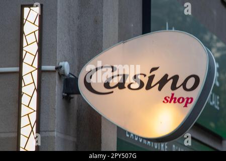 lyon , Aura France - 04 20 2023 : Casino shop city supermarket logo text and brand sign light signage facade market store of french retailer Stock Photo