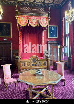 London, UK. 05th July, 2022. The Coronation of King Charles 111 ( the 3rd ) - edited on 03/05/2023 - archive image from 05/07/2022. The State Apartments of Speakers House, Palace of Westminster, London. The State Bedroom at Speakers House. It is tradition that the monarch sleeps in The Palace of Westminster the night before a coronation in Westminster Abbey Credit: SWpix/Alamy Live News Stock Photo