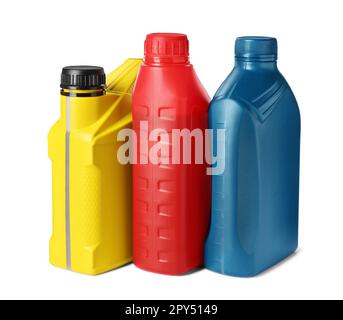 Plastic bottles with liquids on white background Stock Photo