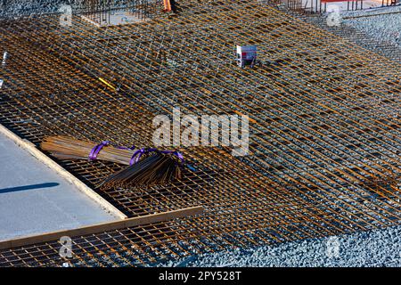 Gothenburg, Sweden - May 01 2022: Stack of rebar mats on a building site. Stock Photo