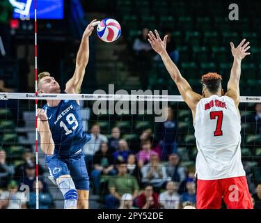 Fairfax, Virginia, USA. 2nd May, 2023. CAL FISHER (19) of Penn State University attempts to spike the ball during a quarterfinal match against The Ohio State University in the 2023 NCAA Men's Volleyball Championship. (Credit Image: © Robert Blakley/ZUMA Press Wire) EDITORIAL USAGE ONLY! Not for Commercial USAGE! Stock Photo