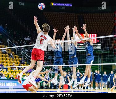 Fairfax, Virginia, USA. 2nd May, 2023. SHANE WETZEL (6) of The Ohio State University attempts a kill shot during the quarterfinal match against Penn State University in the 2023 NCAA Men's Volleyball Championship. (Credit Image: © Robert Blakley/ZUMA Press Wire) EDITORIAL USAGE ONLY! Not for Commercial USAGE! Stock Photo