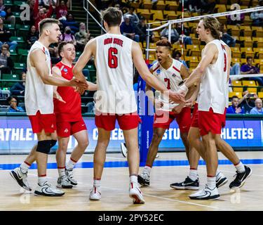 Fairfax, Virginia, USA. 2nd May, 2023. The Ohio State University Men's Volleyball Team celebrate a point during their quarterfinal match against Penn State University in the 2023 NCAA Men's Volleyball Championship tournament. (Credit Image: © Robert Blakley/ZUMA Press Wire) EDITORIAL USAGE ONLY! Not for Commercial USAGE! Stock Photo