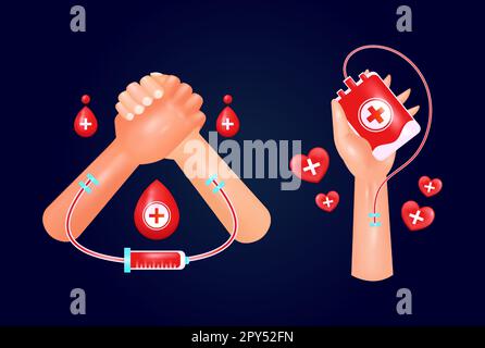 Blood Donor Day, 3d vector of giving blood to save lives. Giving and receiving hands to donate blood. Suitable for design elements Stock Vector