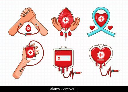 Blood Donor Day, blood bag icon illustration, hand donate blood and health ribbon. Suitable for design elements Stock Vector