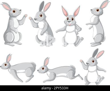 White rabbits in different poses set illustration Stock Vector