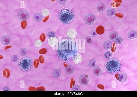 T-cells attack acute myeloid leukemia (AML) cells in blood flow - isometric view 3d illustration Stock Photo