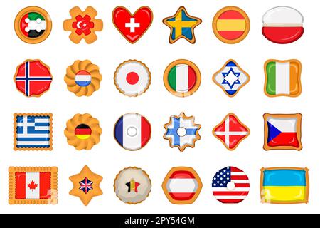 Set homemade cookie with flag country world in tasty biscuit, cookie consist of sign flag country world on natural biscuit, fresh biscuit cookie with Stock Vector