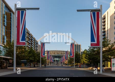 Wembley Park, UK, 3rd May 2023. To honour the Coronation of His Majesty King Charles III on Saturday 6th May, the famous route to Wembley Stadium, Olympic Way, has temporarily reverted to its original name, King’s Way in recognition of His Majesty’s accession to the throne. On July 6th, 1948, Minister of Transport Alfred Barnes MP re-named it “Olympic Way” during the opening ceremony of the Olympic Games, also known as “the Austerity Games”, hosted in Wembley that year. Photo by Amanda Rose/Alamy Live News Stock Photo