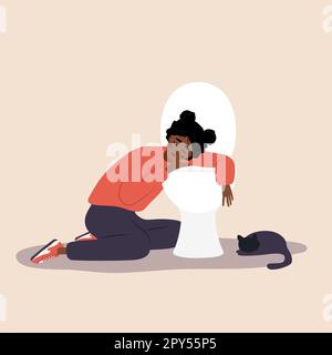 Eating disorder. Unhealthy african woman sitting on floor leaning on toilet and feeling nausea from food. Bulimia or anorexia concept. Girl with Stock Vector