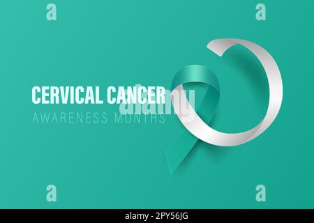 Cervical Cancer Banner, Card, Placard with Vector 3d Realistic Teal and White Ribbon on Teal Background. Cervical Cancer Awareness Month Symbol Closeu Stock Photo