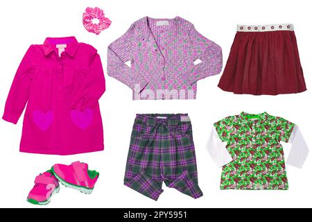 Collage set of girls spring clothing. The collection of a stylish dress, a sweater, shirt, skirt, sneaker, shorts, pants and a cardigan. Kids autumn and winter fashion. Stock Photo