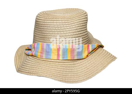 Straw hat isolated. Closeup of a elegant summer straw hat with colored ribbon for girls isolated on a white background. Clipping path. Travel and vacations concept. Holiday season. Stock Photo