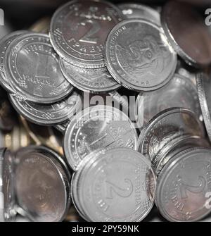 metal coins, one and two hryvnia nominee, closeup. Stock Photo