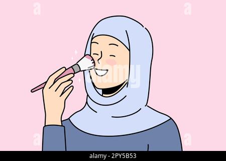 Smiling young Arabic woman in hijab doing makeup. Happy arab female with powder brush get ready do daily beauty routine. Vector illustration. Stock Photo