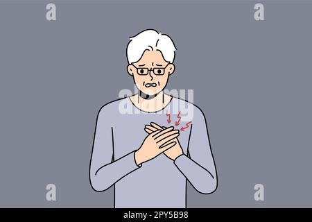 Unhealthy mature grandfather suffer from heart problems. Unwell sick old man touch chest struggle with cardiac arrest. Elderly healthcare. Vector illu Stock Photo