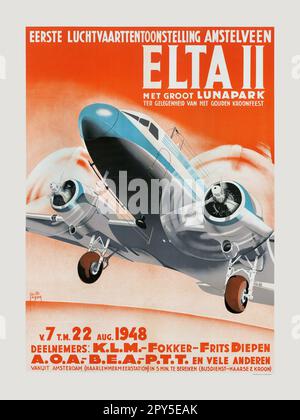 Eerste Luchtvaarttentoonstelling Amstelveen ELTA II by Jacob Jansma (1893-1972). Poster published in 1948 in the Netherlands. Stock Photo