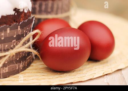 Red easter eggs painted with onion peel Stock Photo