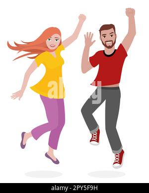 Happy, young, slim, sporty love couple in a fashionable outfit. Jumping bearded man and redhead woman, smiling and raising their arms. Comic. Stock Photo