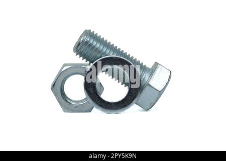 Zinc plated bolt, nut with flat nut washer Stock Photo