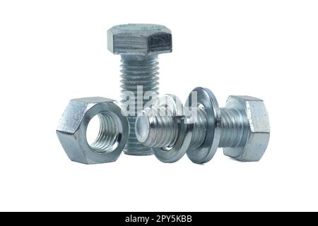 Galvanized bolt, nut with flat and spring nut washers Stock Photo