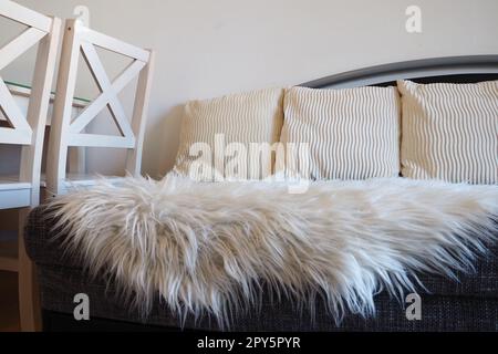 Gray sofa with boucle upholstery fabric and white decorative fluted cushions. White rug or bedspread made of faux fur with a long pile. Living room interior. Wooden painted chairs. Stock Photo