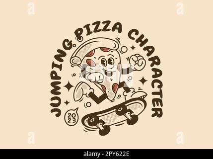 Vintage mascot character design of pizza jumping on skate board Stock Vector