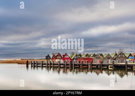 Boathouses in the port of Althagen, Germany Stock Photo