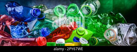 Empty colored drink bottles. Recyclable plastic waste Stock Photo