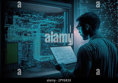 Computer engineer working on laptop computer with server room, data center, big data storage as backgrounds. Stock Photo