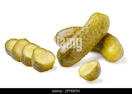 Pickled cucumbers whole and sliced isolated on white Stock Photo