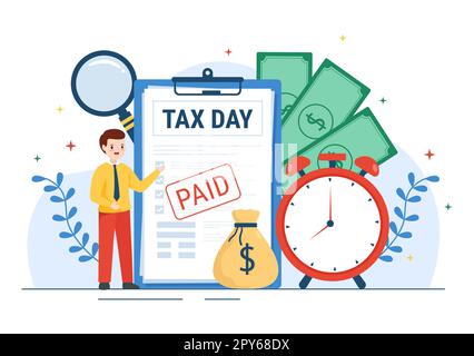 Tax Day Illustration with Clipboard Form, Clock, Calendar and Coins Money for Web Banner or Landing Page in Flat Cartoon Hand Drawn Templates Stock Photo