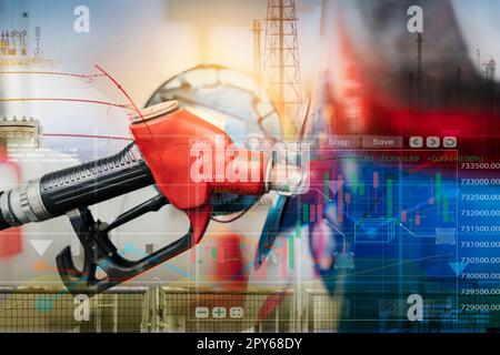 Car fueling at gas station. Refuel fill up with petrol gasoline. Blur industrial gas storage tank and petroleum refinery plant. Petrol industry. Petrol price and oil crisis concept. Stock market graph Stock Photo